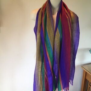 Vintage Southwest hand made Shawl Scarf rainbow colors stripes pattern Mint